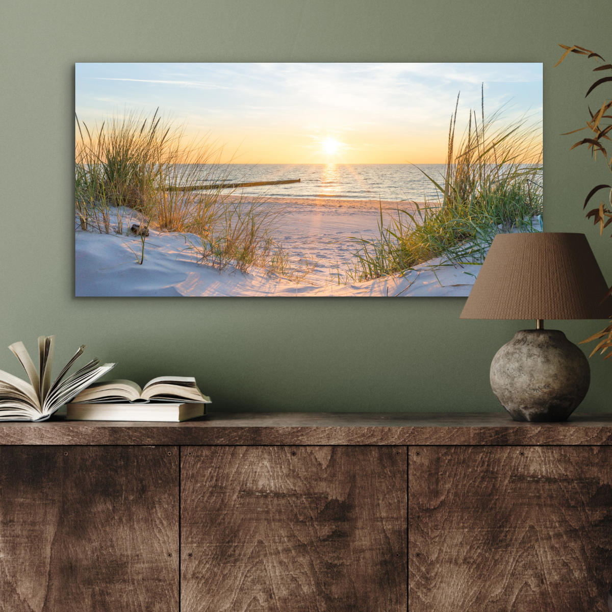 KOVOVÝ OBRAZ Pláž - Slnko - Duny - Tráva - Piesok - Horizont 80x40 cm - svetlomodrá, kov (80/40cm) - MuchoWow