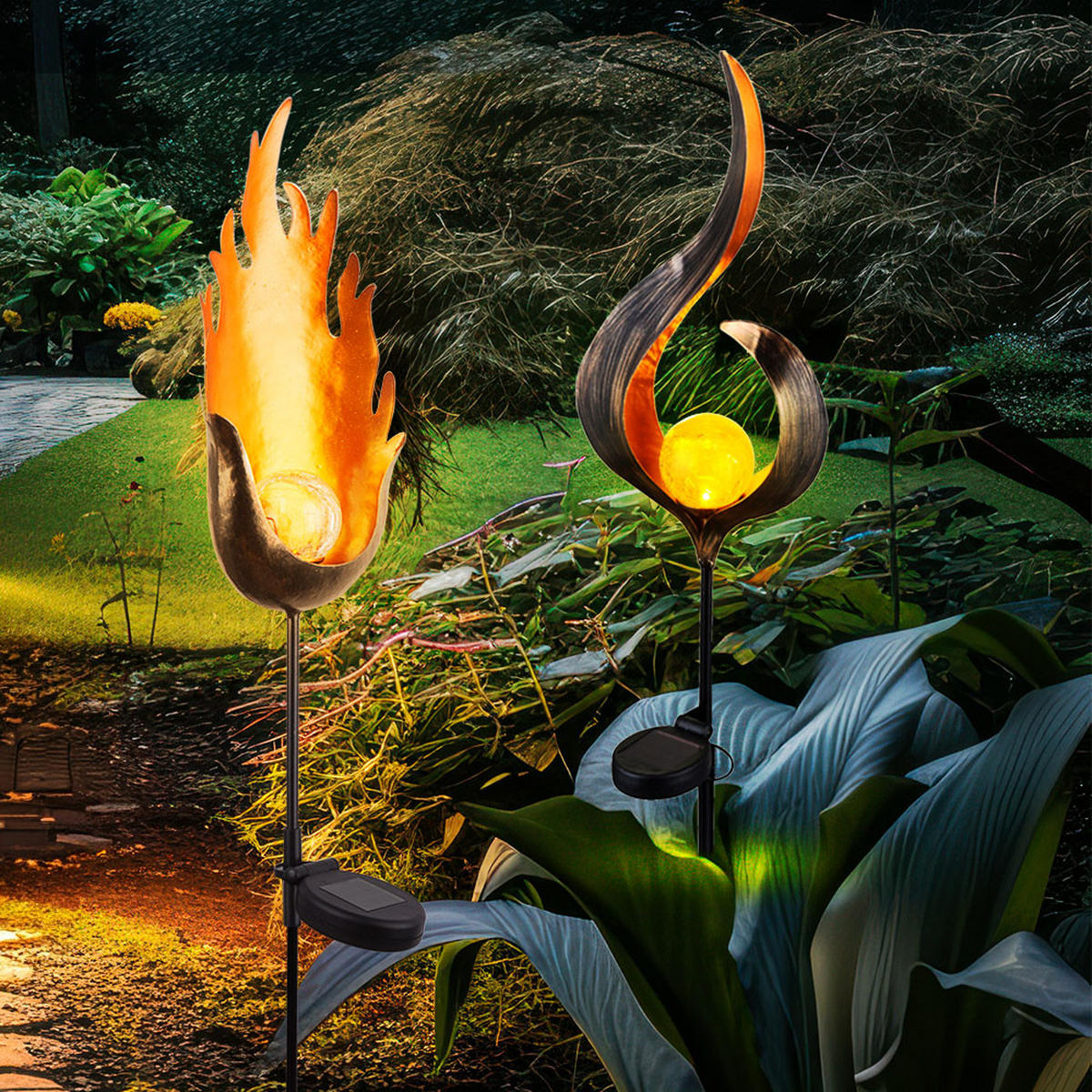 LED AUSSENLEUCHTE Bronze mit Flamme 2er Set - Bronzefarben, Glas (16.7/6/90cm) - Globo Lighting