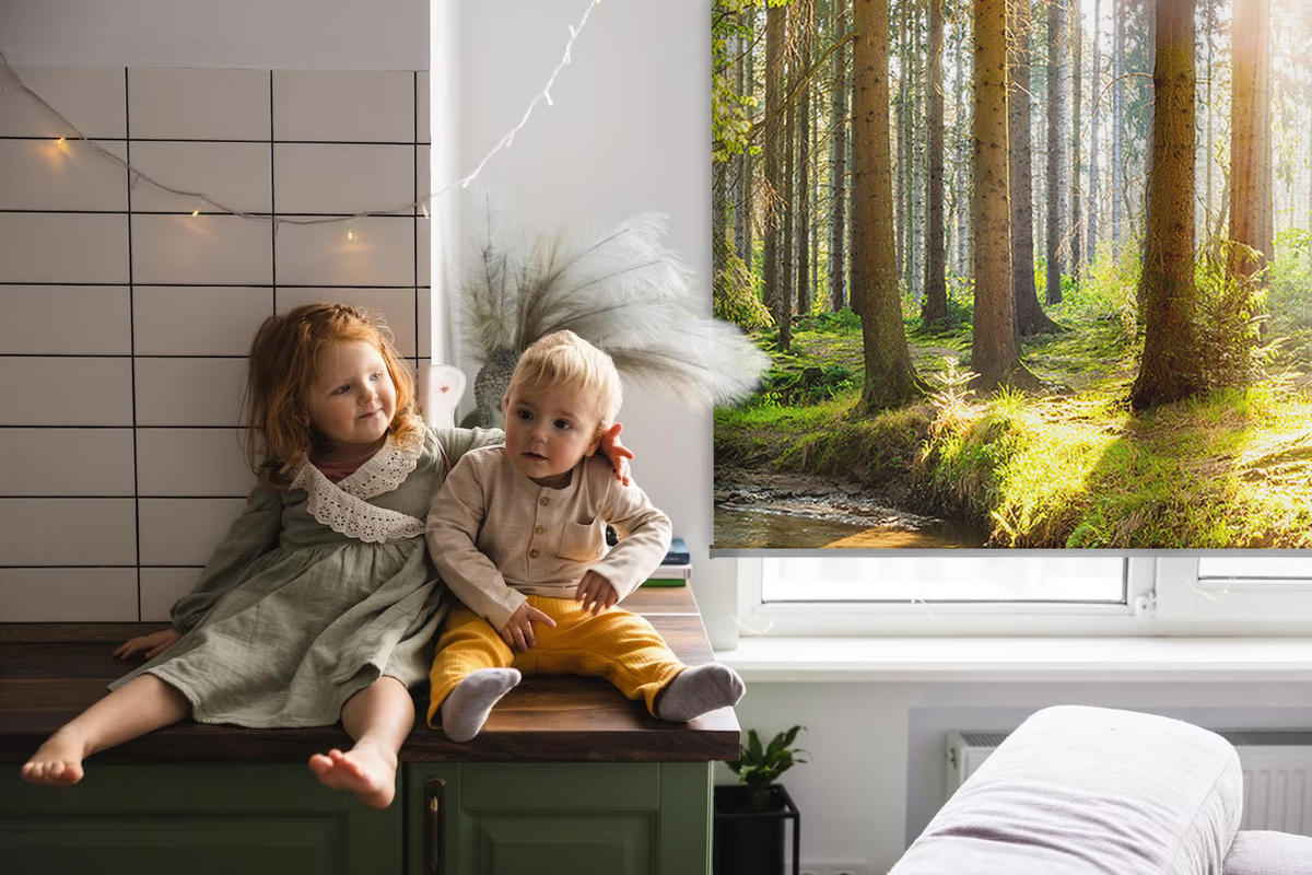 VERDUNKELUNGSROLLO 90x240 cm Sonne im Wald - Braun, Textil (90/240cm) - TULUP