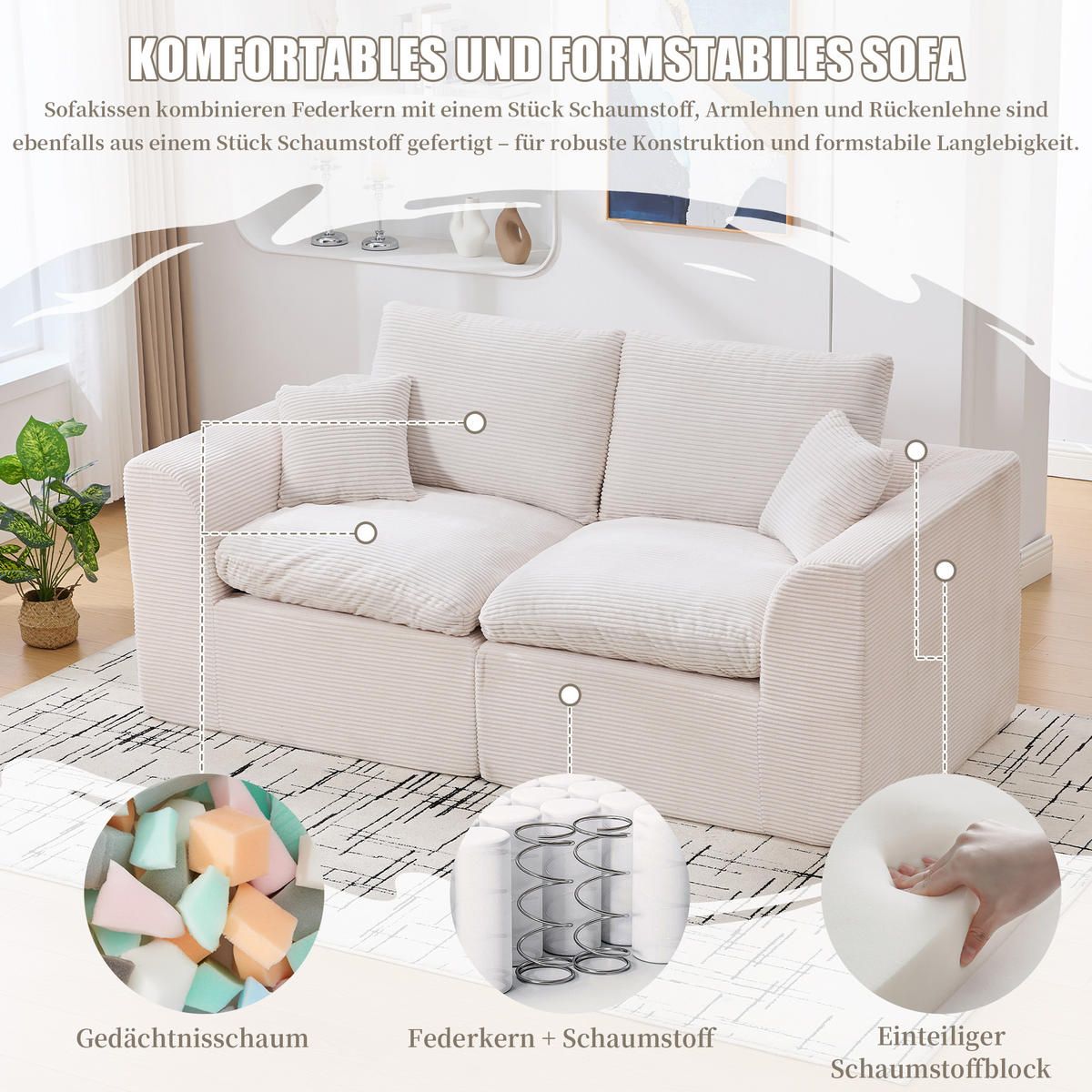 2-SITZER-SOFA XXL aus Cord mit Federkern-Polsterung Montagefrei - Beige, Textil (204/84/102cm) - Urban Meuble