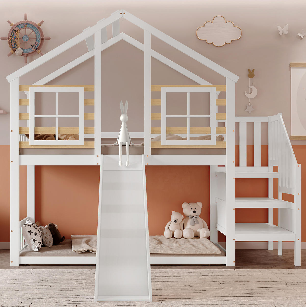 ETAGENBETT mit Rutsche und Treppe 90x200 cm Weiß und Natur - Weiß, Holzwerkstoff (90/200cm) - Beauniv