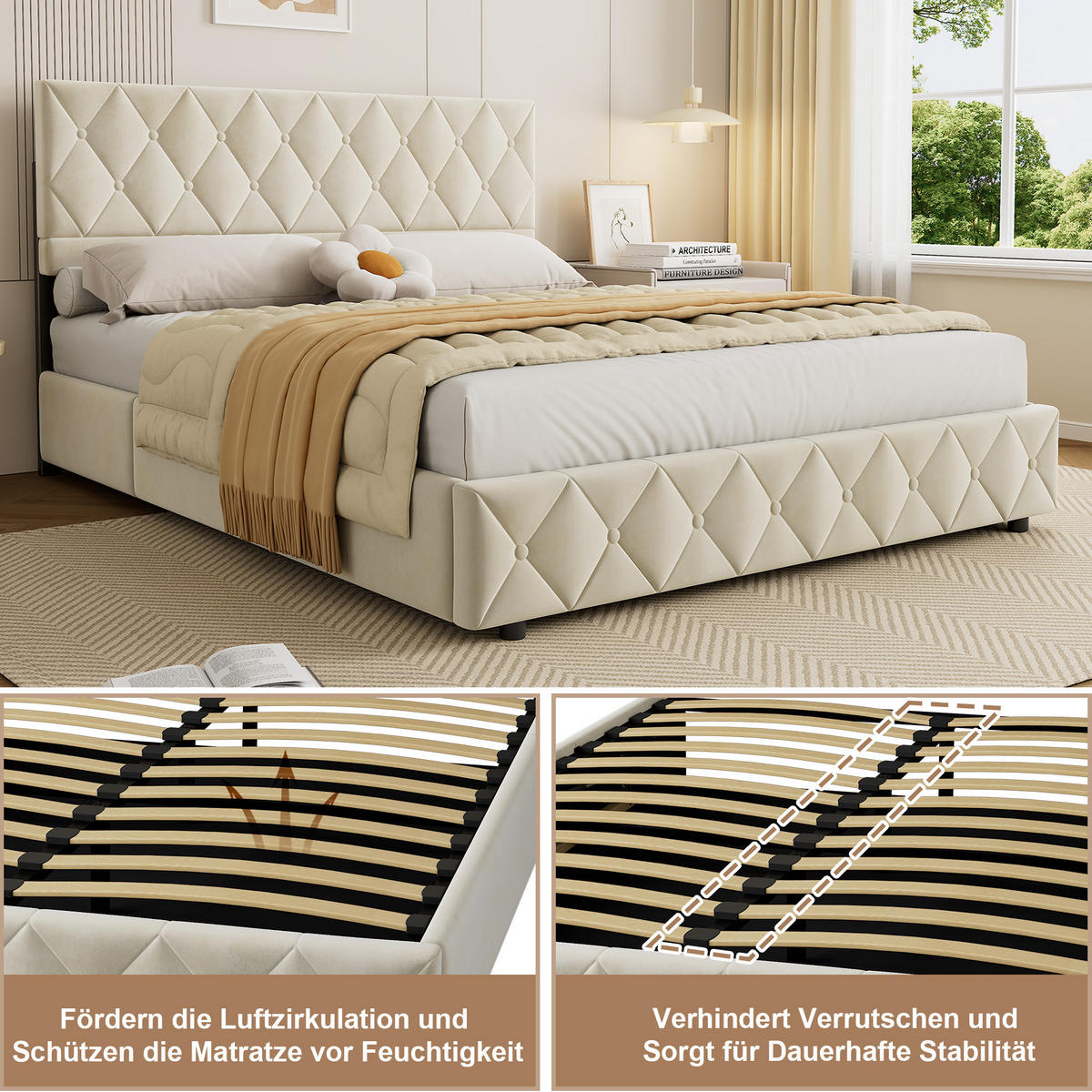 POLSTERBETT 160/200 cm mit Bettkasten in Beige Samt, ohne Matratze - Beige, Holzwerkstoff/Textil (160/200cm) - WISHDOR