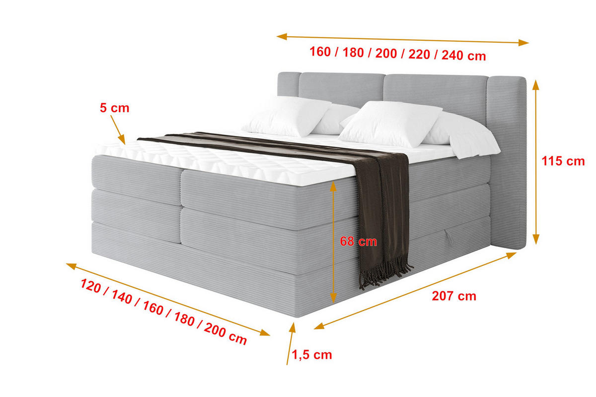BOXSPRINGBETT mit Matratze H3/H4 - EVON KING - 140x200 cm Grau - Graubraun, Holzwerkstoff (140/200cm) - ALTDECOR
