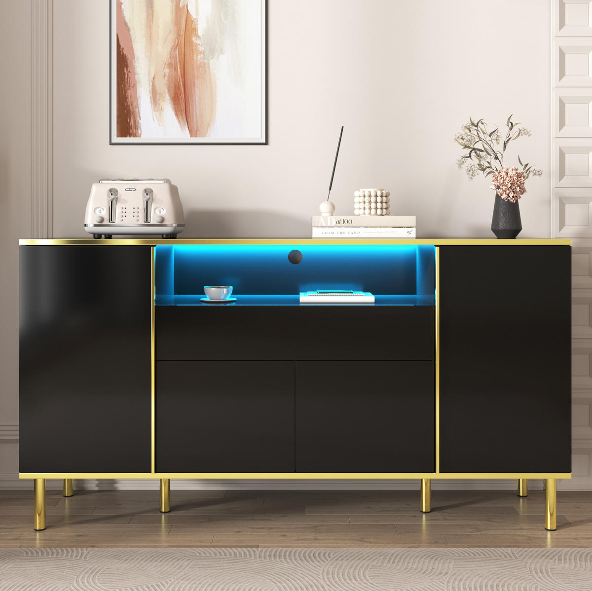 SIDEBOARD Hochglanz 150 x 40 x 80 cm Schwarz mit LED - Schwarz, Holzwerkstoff (150/80/40cm) - Meubliv