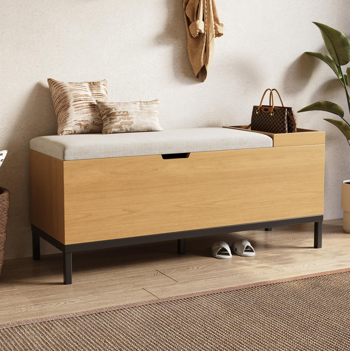 SCHUHBANK 115/49,5/40 cm natural mit Stauraum und hochwertiger Polsterung - Naturfarben, Holzwerkstoff (115/40/49.5cm) - OKWISH