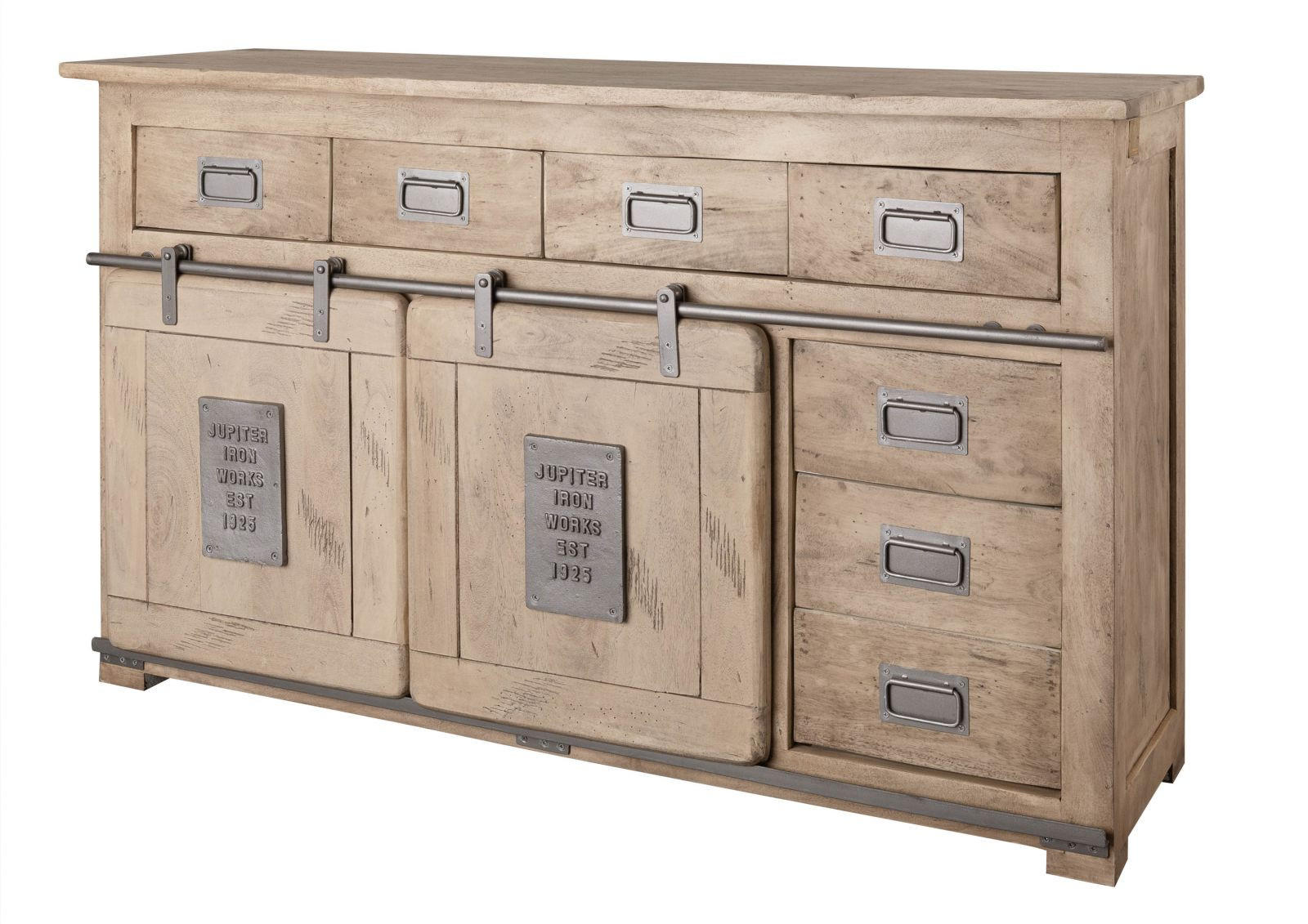 SIDEBOARD Mango 150x45x90 whitewash lackiert RAILWAY #320 - Beige, Holz (150/90/45cm) - Massivmoebel24