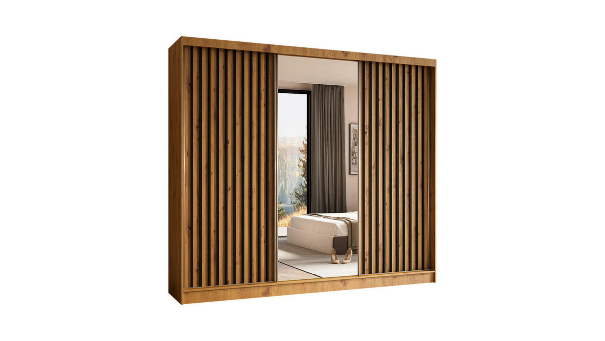 KLEIDERSCHRANK mit Spiegel-Schiebetüren und Aluminium-Leisten, LED-Beleuchtung - LAMELO- 240 cm Artisan+Artisan+Schwarz - Schwarz/Eiche Artisan, Holzwerkstoff (240/216/61cm) - ALTDECOR