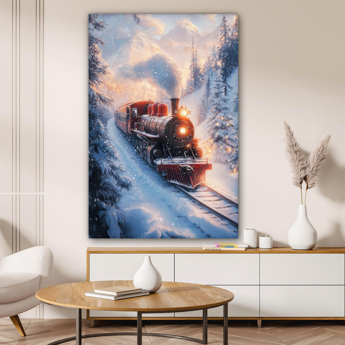 LEINWANDBILD Weihnachtszug - Schnee - Winter - Weihnachten 90x140 cm - Dunkelrot, Textil (90/140cm) - MuchoWow