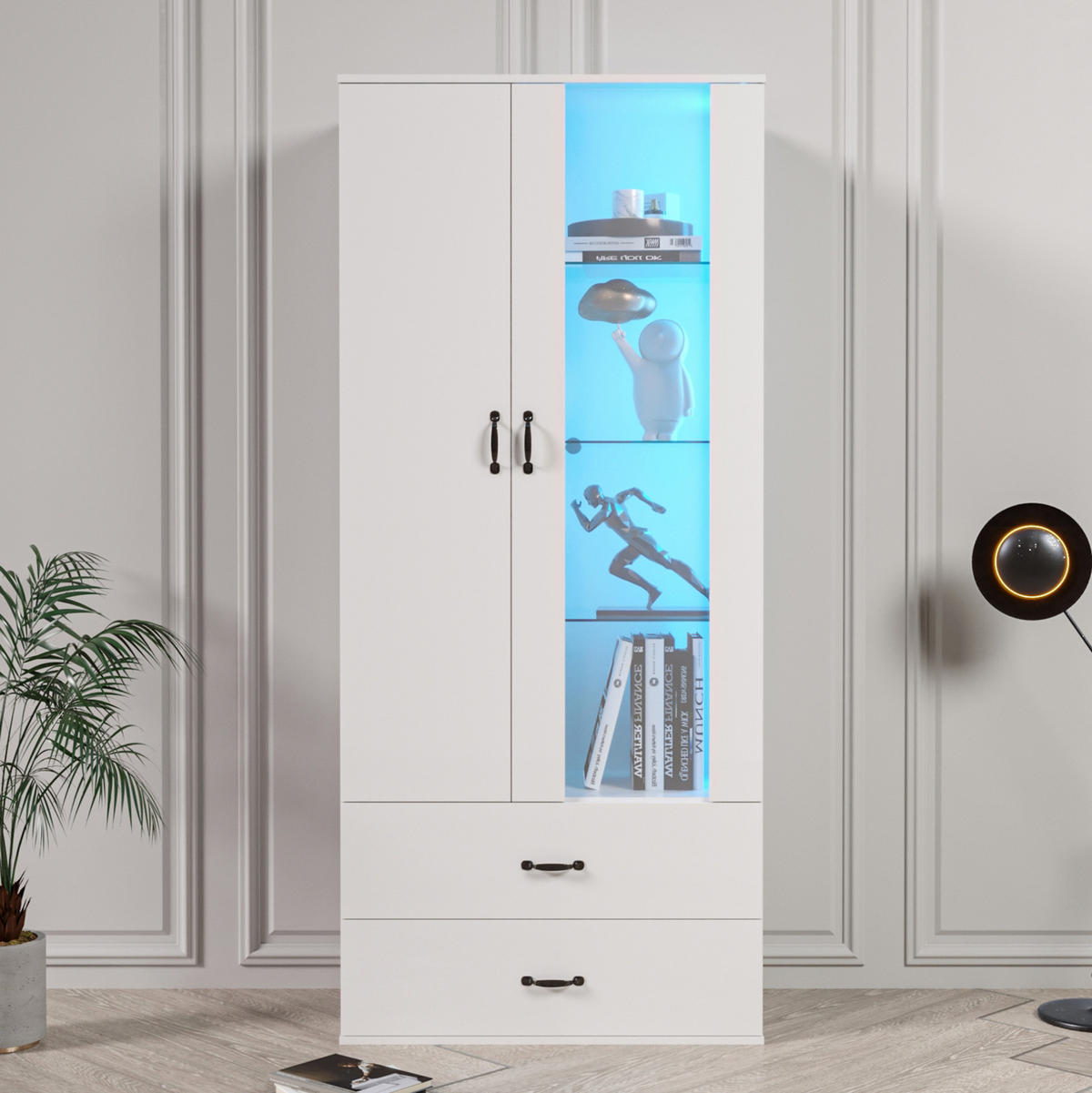 VITRINE 59,5/35/182 cm aus Holzwerkstoff mit LED-Beleuchtung und 2 Schubladen Weiß - Weiß, Holzwerkstoff (59.5/182/35cm) - Modenvie