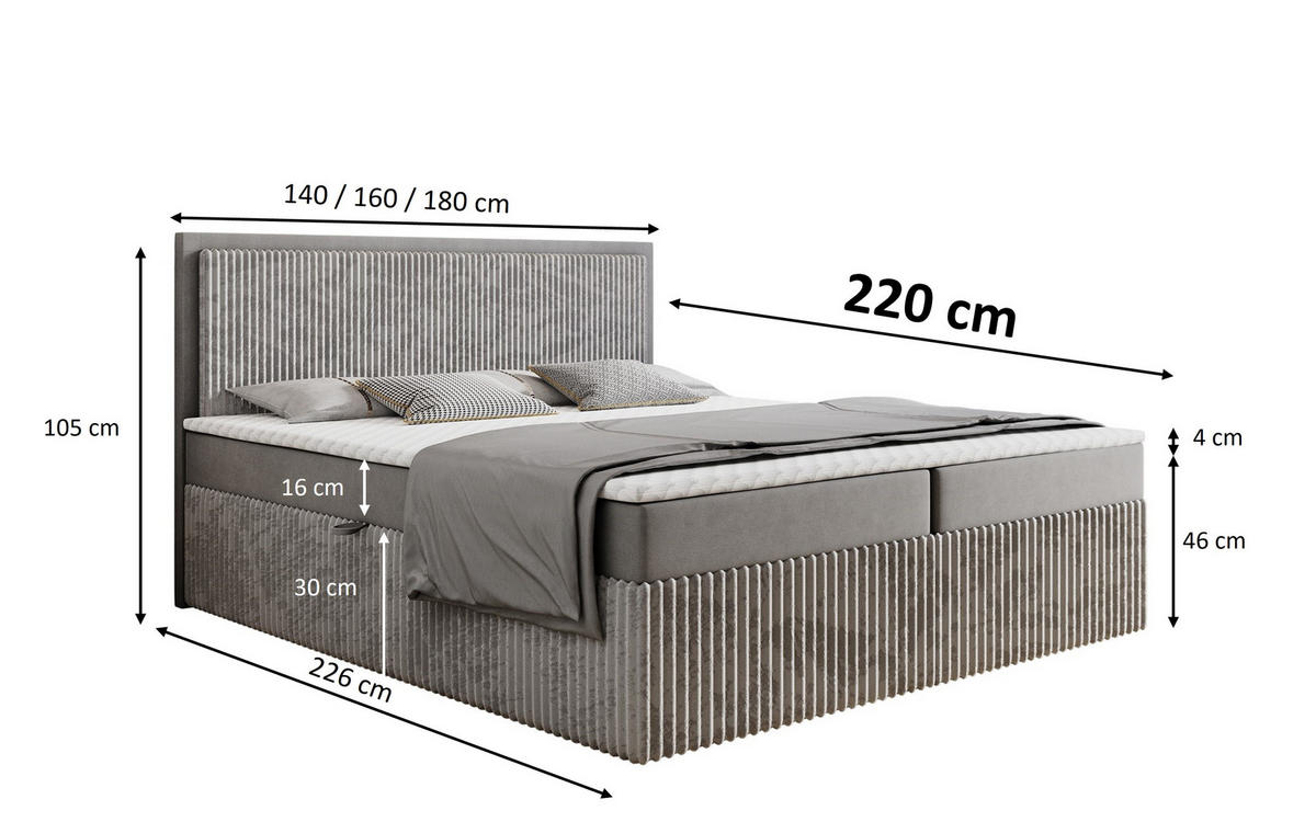 BOXBETT Labett CLEO 160/220 Beige Velvet-Cord – H3 - Beige, Holz (160/220cm) - Labett