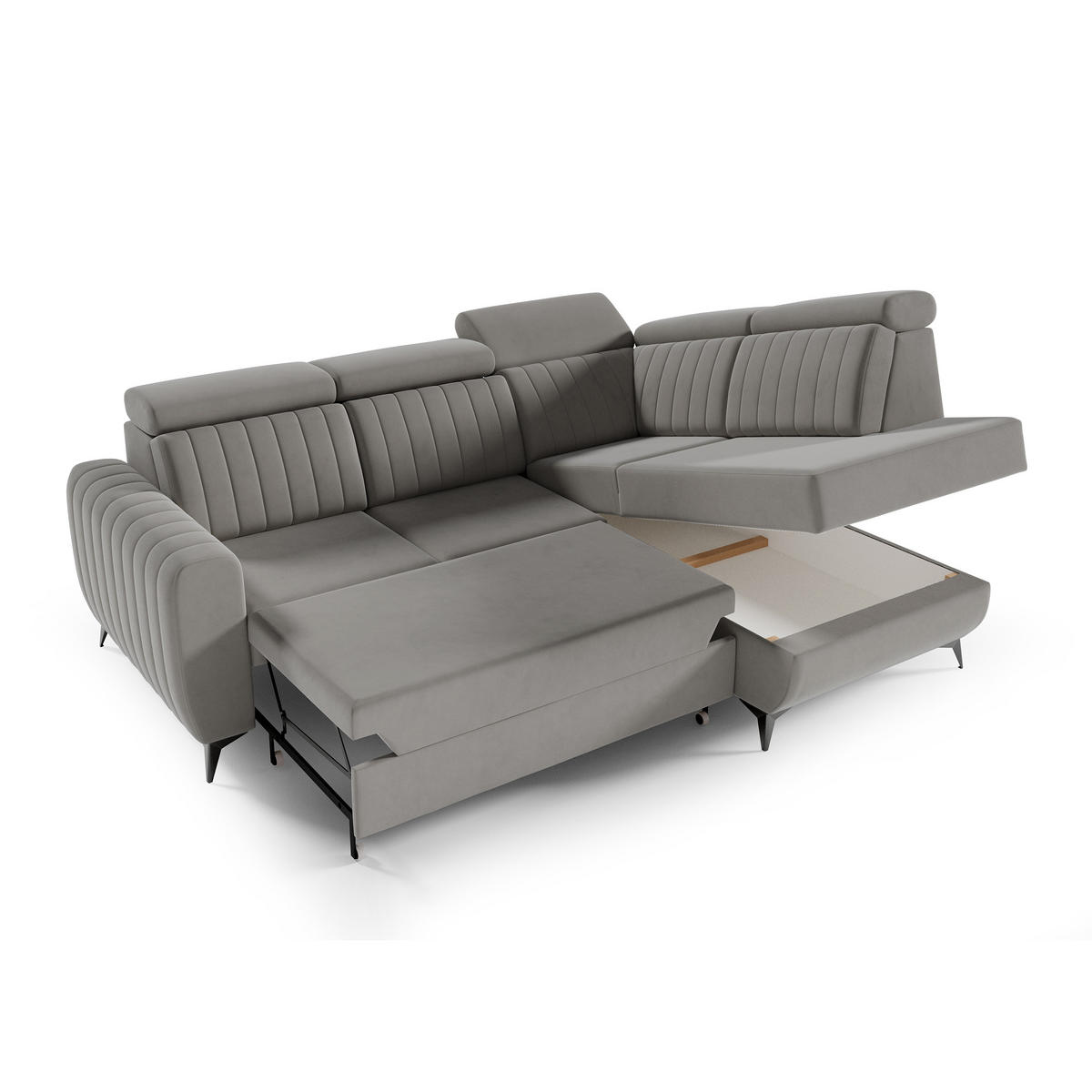 ECKSCHLAFSOFA Connor II verstellbare Kopfstützen, Dunkelbeige, rechts - Beige/Schwarz, Textil (268/204cm) - Beautysofa