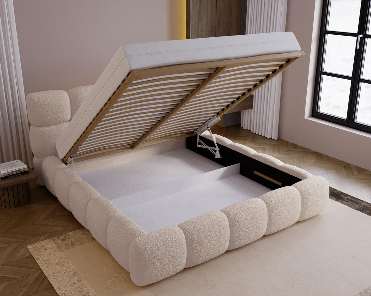 DOPPELBETT 200x200 Lucca mit Bettkasten, Stoff Bouclé, Beige - Beige, Holz/Textil (200/200cm) - Emporius