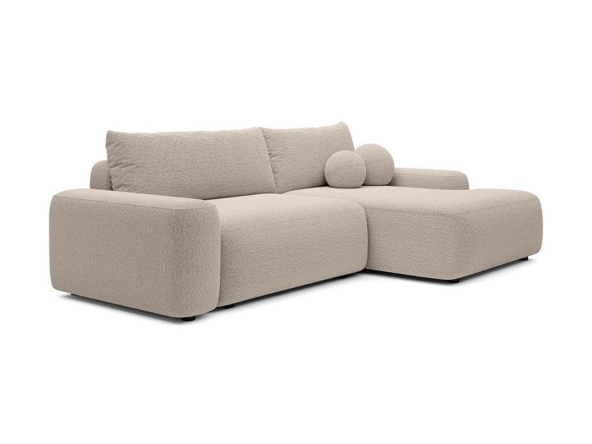 ECKSOFA RUOTA Beige Boucle-Stoff mit Schlaffunktion - Beige, Holz (264/162cm) - MASSENO