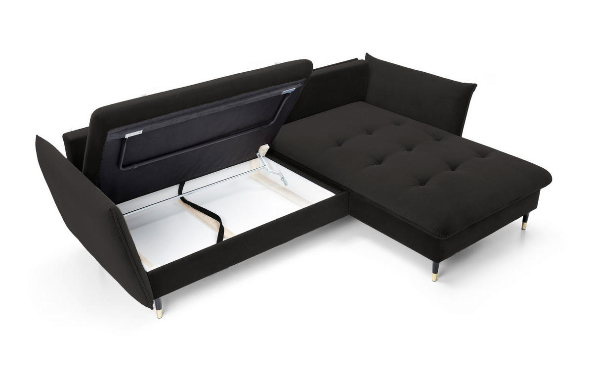 ECKSOFA GLAM mit Schlaffunktion, Ottomane & goldenen Füßen – Samtsofa im Glamour-Stil mit Zierkissen, 258x167x91 cm, rechte, schwarz - Schwarz, Holz/Textil (258/167cm) - DomoHome