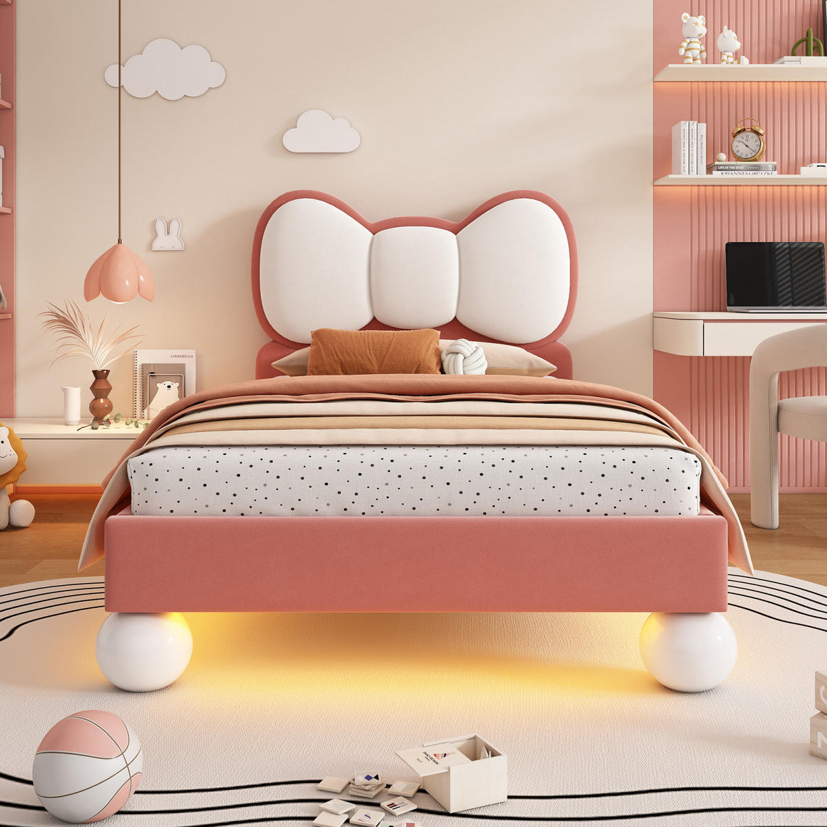 KINDERBETT 90/200 Polsterbett mit LED, Fliege-Kopfteil, Samt, Beige-Rosa - Rosa, Holz/Textil (90/200cm) - PARAFTA HOME