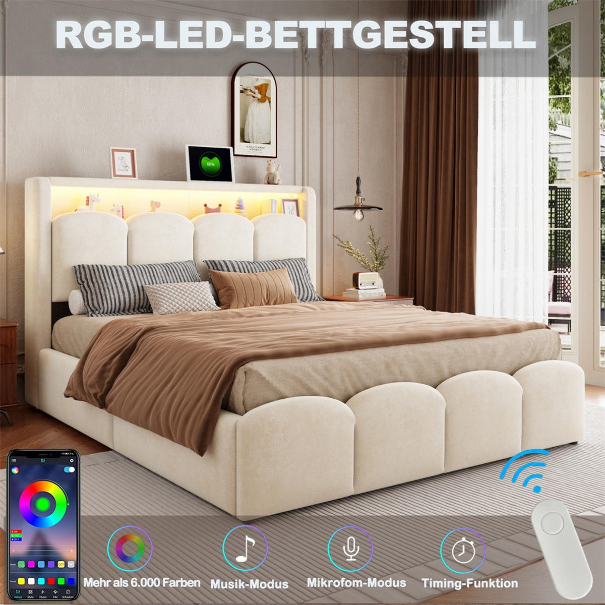 POLSTERBETT 140x200 cm mit KopfteilStauraum & hydraulischem Stauraum - USB und Type-C & LED - Beige - Beige, Textil (140/200cm) - DELFA