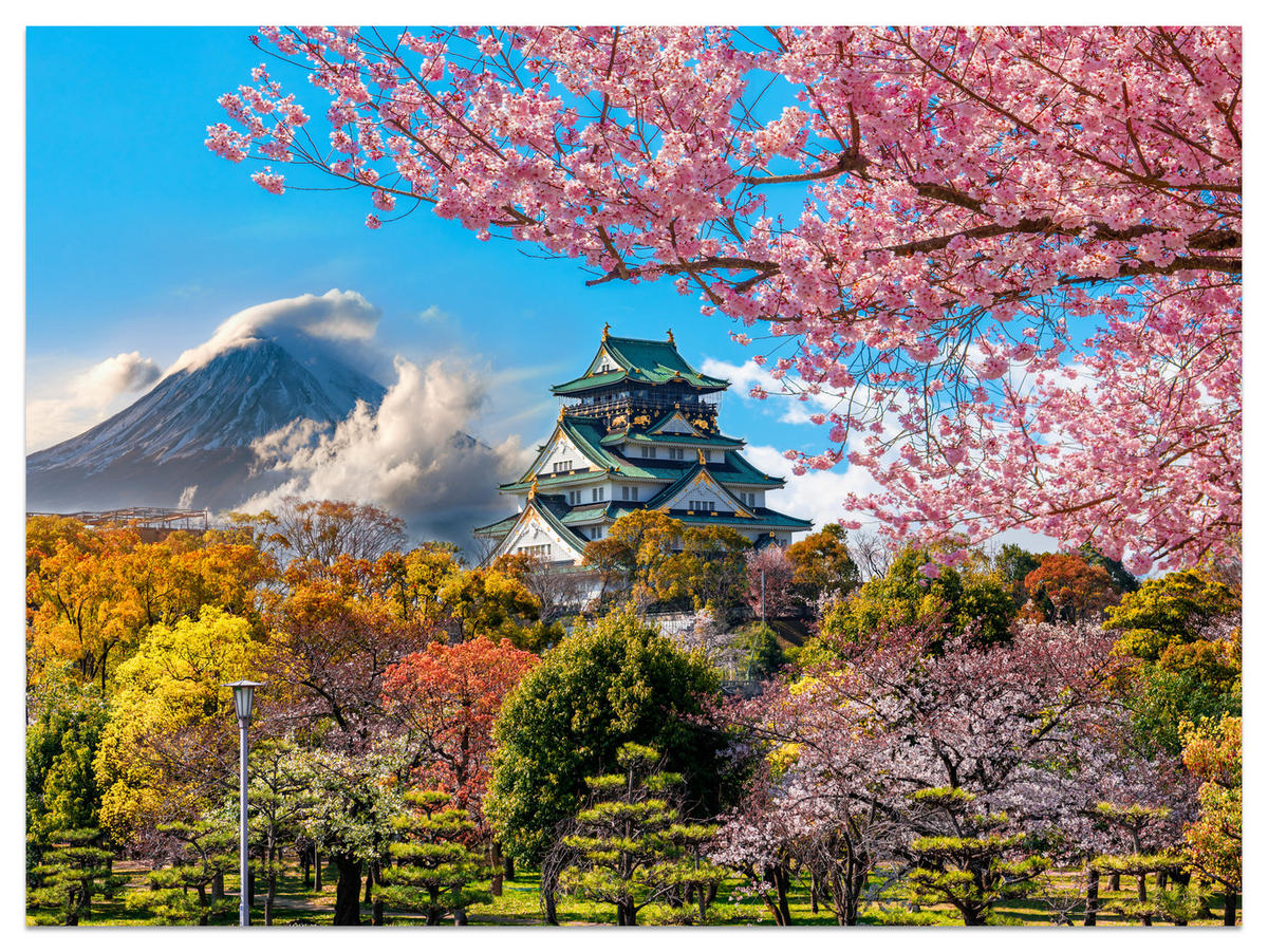 FOTOTAPETE für Wohnzimmer Kirschblüten Osaka Burg Japan Berge Bäume 200x140 - Gelb/Rosa, Papier (200/140cm) - Muralo