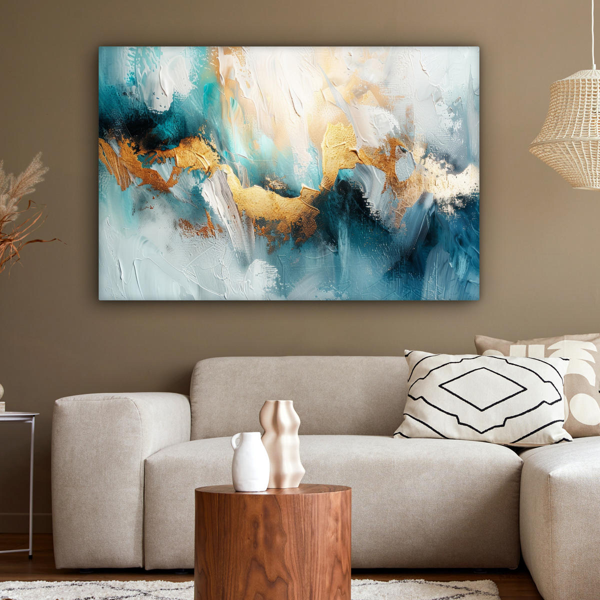 LEINWANDBILD Abstrakt - Kunst - Gold - Blau Wohnzimmer 120x80 cm - Petrol, Textil (120/80cm) - MuchoWow