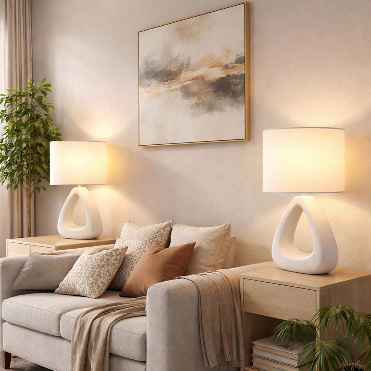 TISCHLEUCHTE Keramik Weiß 2er Set - Weiß, Textil (17/10/30cm) - Globo Lighting