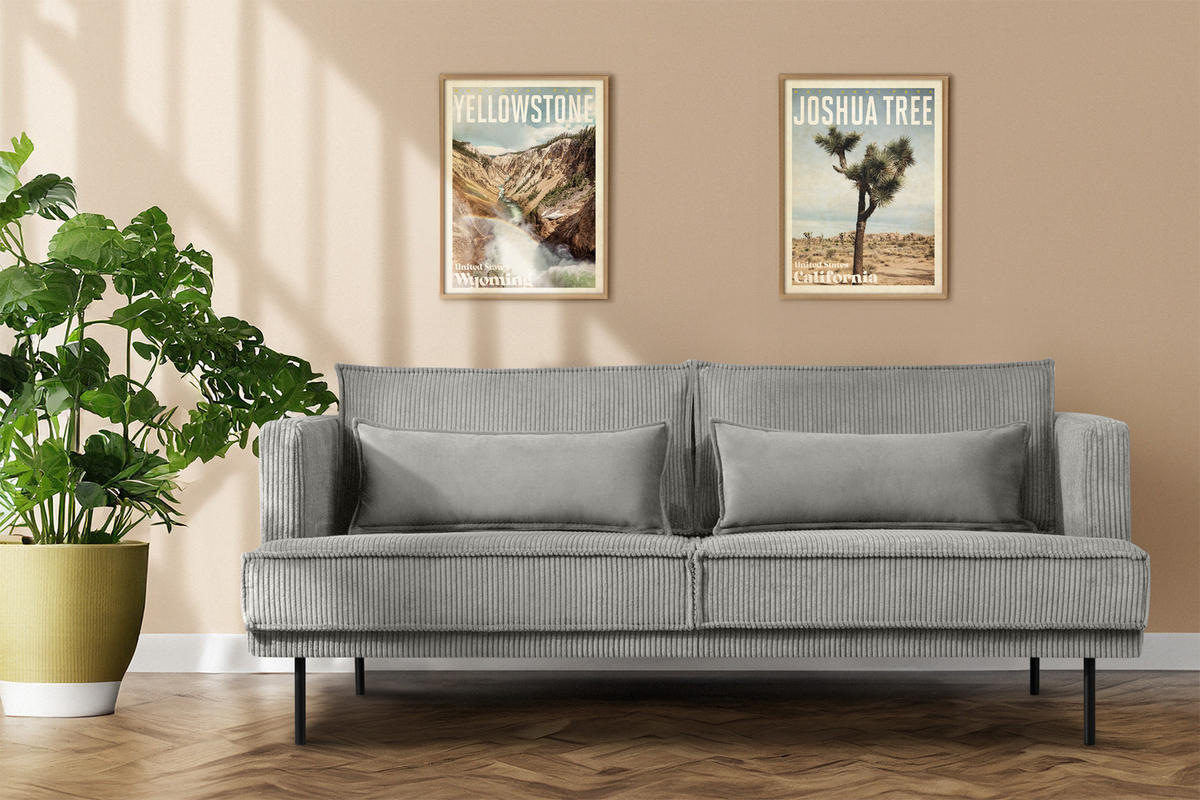 3-SITZER-SOFA GANZO 2 Kissen inklusive, Cord-Stoff, hellgrau - Hellgrau/Schwarz, Textil/Metall (193/84/92cm) - KONSIMO®