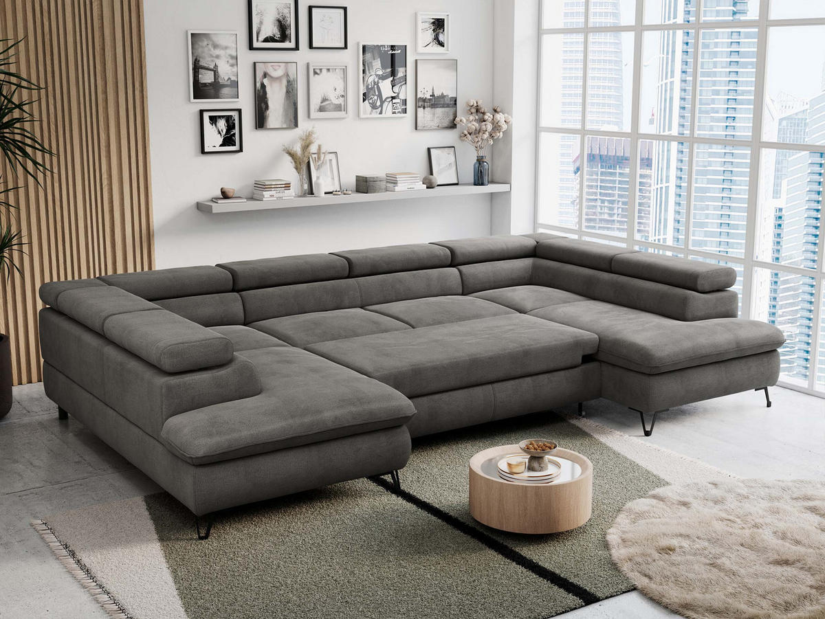 WOHNLANDSCHAFT PETER U Velvet Dunkelgrau - Dunkelgrau/Schwarz, Textil/Metall (346/76/208cm) - MKS