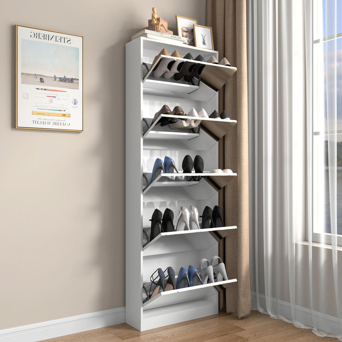SCHUHSCHRANK 185 cm in Weiß mit Ganzkörperspiegel und platzsparendem Design - Weiß, Holzwerkstoff (63/185/19.6cm) - Flora Grace