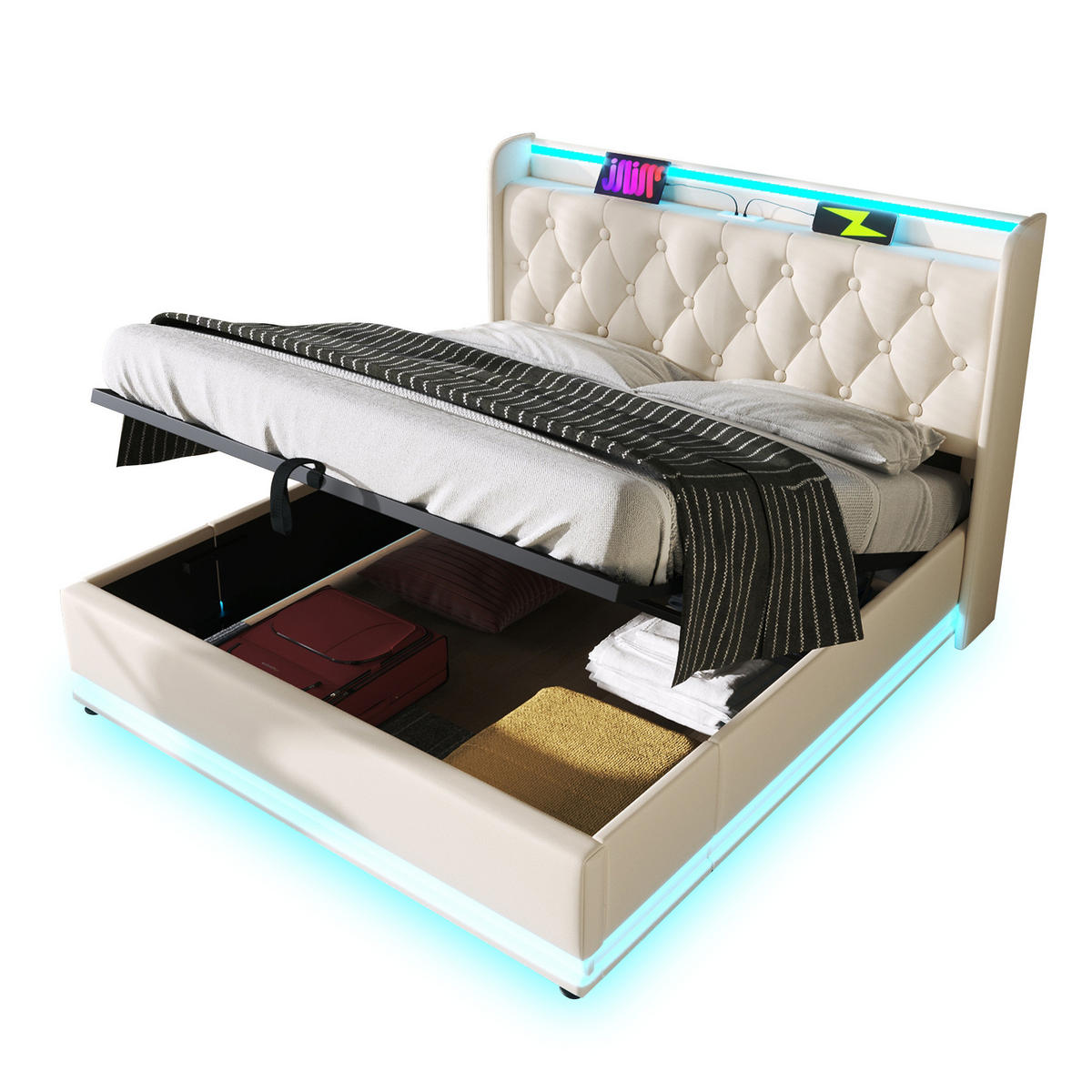 POLSTERBETT 140X200 cm mit LED Kopfteil und USB C Stauraum - Weiß, Holz (140/200cm) - FLIEKS
