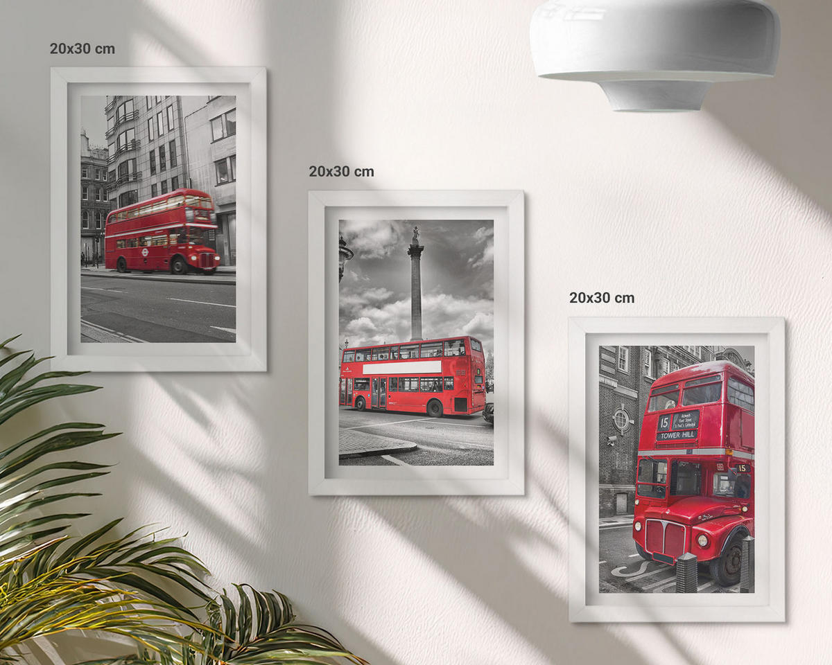 WANDBILDER 3er-Set - 20x30 cm Weißer Rahmen - Rote Busse in London - Weiß, Kunststoff (20/30cm) - ArtPrintCave