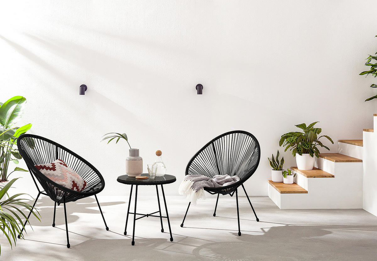 SITZGRUPPE - Stahl / Polyrattan - 3-teilig - Schwarz, Naturmaterialien/Glas - home24