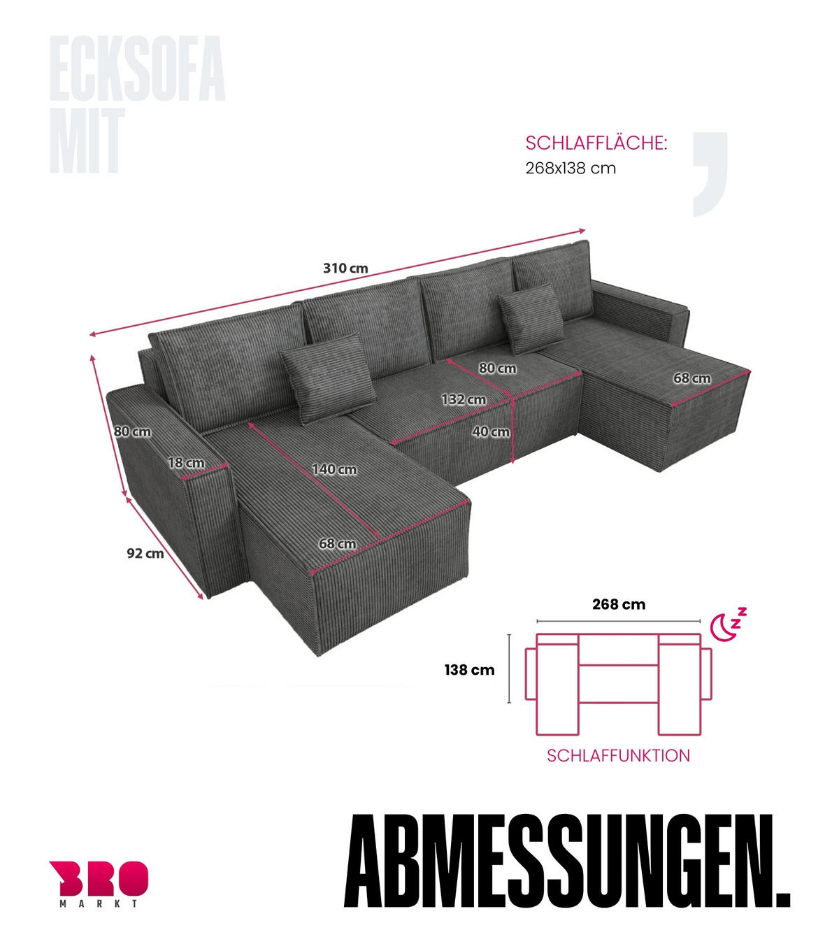 WOHNLANDSCHAFT Dexter U mit Schlaffunktion Grau Cord - Grau, Textil (310/80/141cm) - Bromarkt