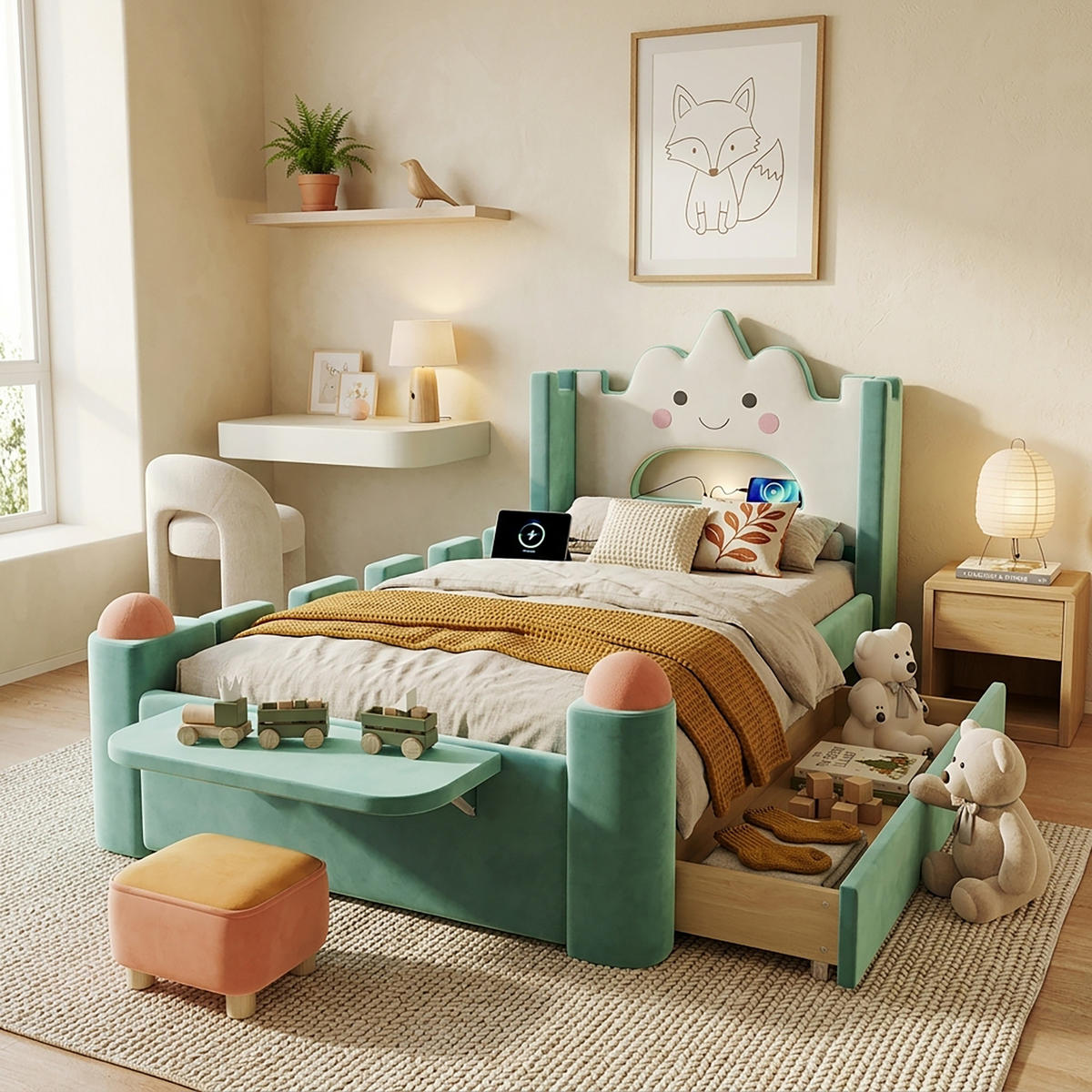 POLSTERBETT 90/200 cm in Blaugrün mit LED-Leselampe, USB-Anschluss, Stauraum-Schublade und klappbarer Ablage aus Samt - Blau/Grün, Holzwerkstoff/Textil - STILVORA