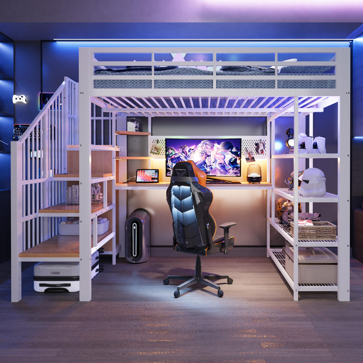 HOCHBETT 140/200 cm in Weiß mit Treppe, LED, Steckdosen und Regal - Weiß, Holzwerkstoff/Metall (140/200cm) - CHICFURN