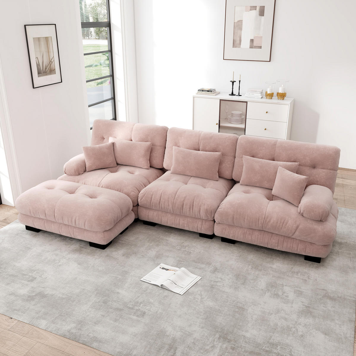 ECKSOFA Chenille Pink mit Ottomane - Rosa, Textil (313/145cm) - WISHDOR
