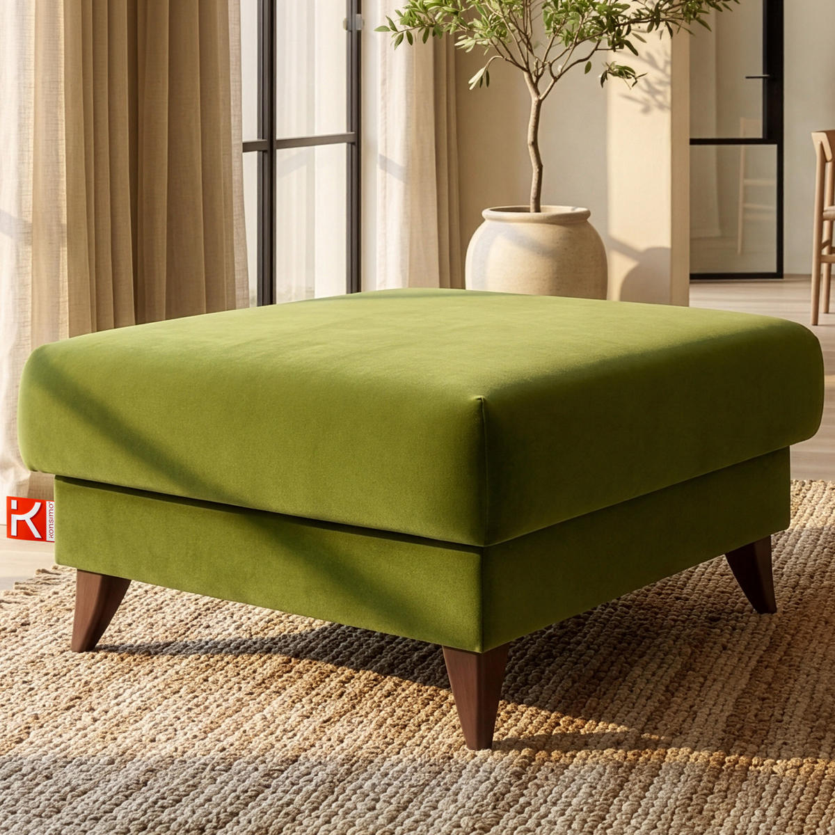 HOCKER GUSTAVO Velours, Olivgrün - Olivgrün, Holz/Holzwerkstoff (92/49/92cm) - KONSIMO®