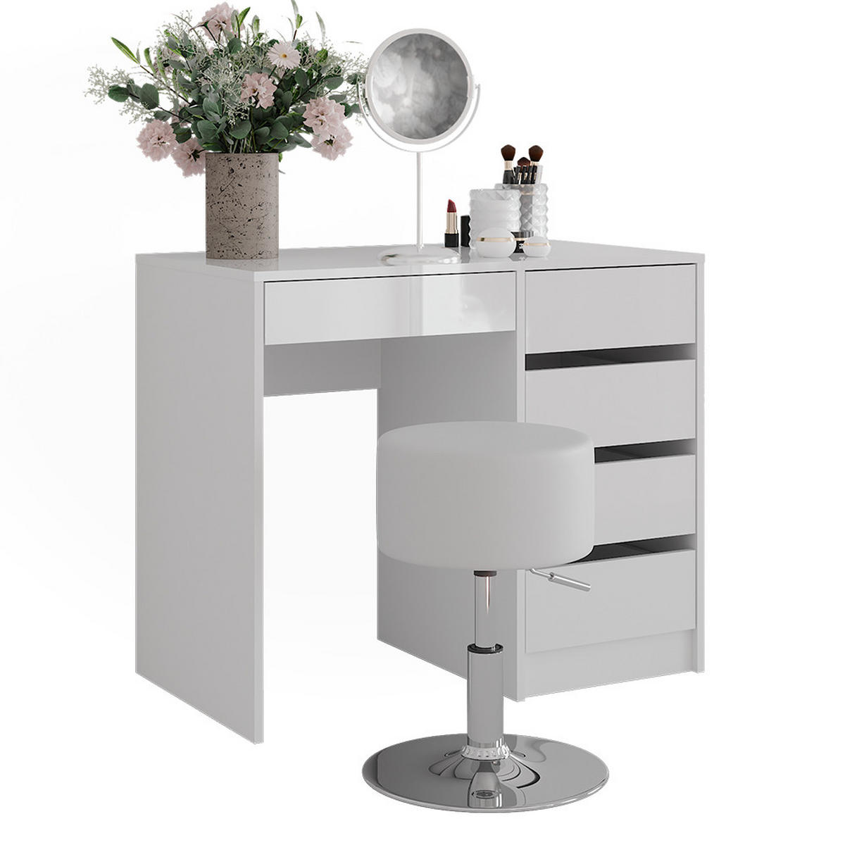 SCHMINKTISCH Sherry Weiß/Weiß Hochglanz 89.8 cm mit Hocker - Weiß Hochglanz, Holzwerkstoff (50.1cm) - Vicco