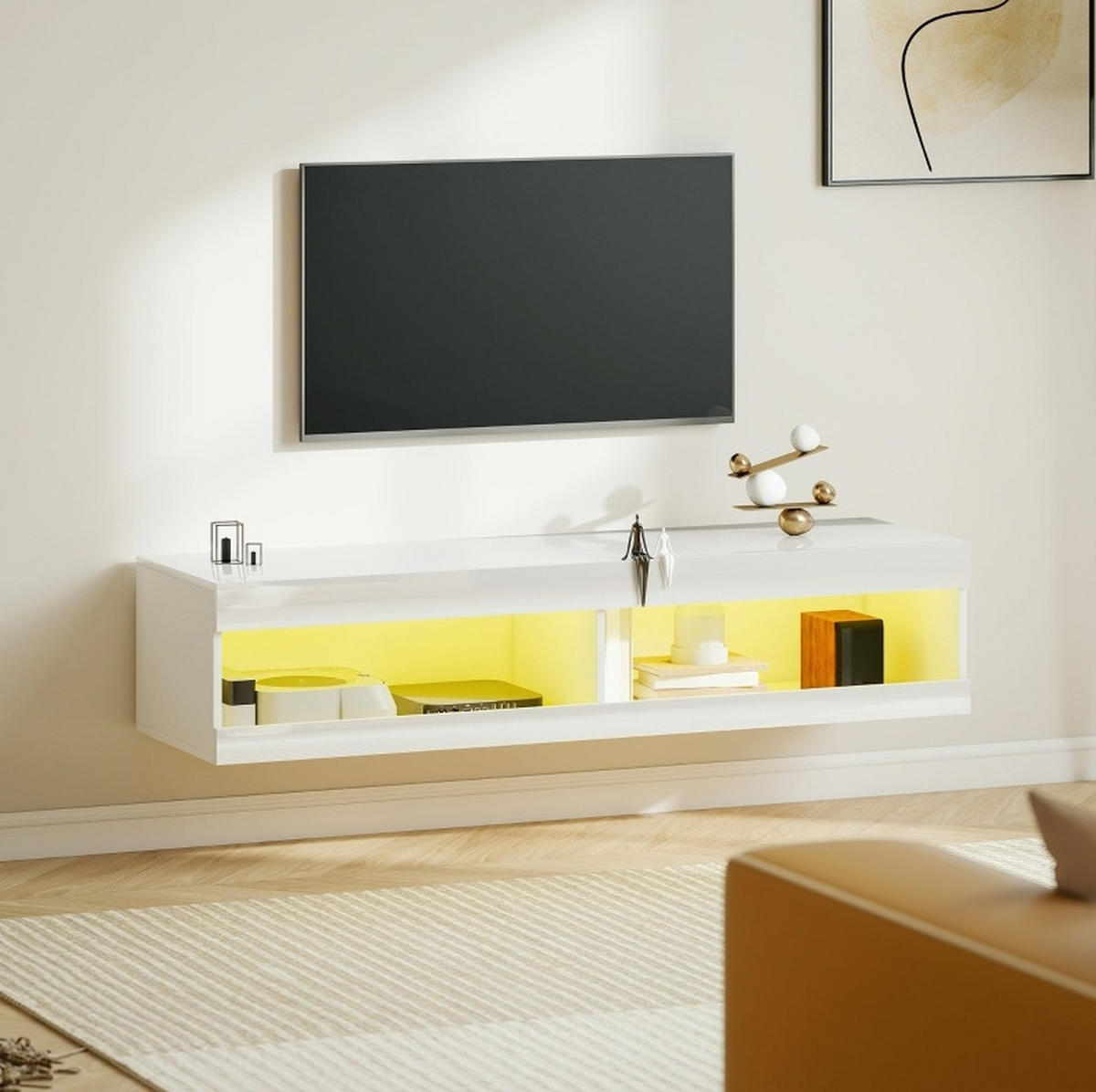 TV-LOWBOARD aus Holz 140x40x30 cm Weiß Hochglanz mit RGB-LED-Beleuchtung und Kabelmanagement - Weiß, Holzwerkstoff (140/30/40cm) - Modfu