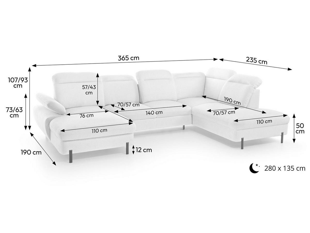 SEDACÍ SOUPRAVA Sora U s funkcí spaní, nastavitelnou hloubkou sedu, opěrkami hlavy a područkou, 365 cm, světle šedá, pravá - černá/světle šedá, textil (365/107/235cm) - Beautysofa