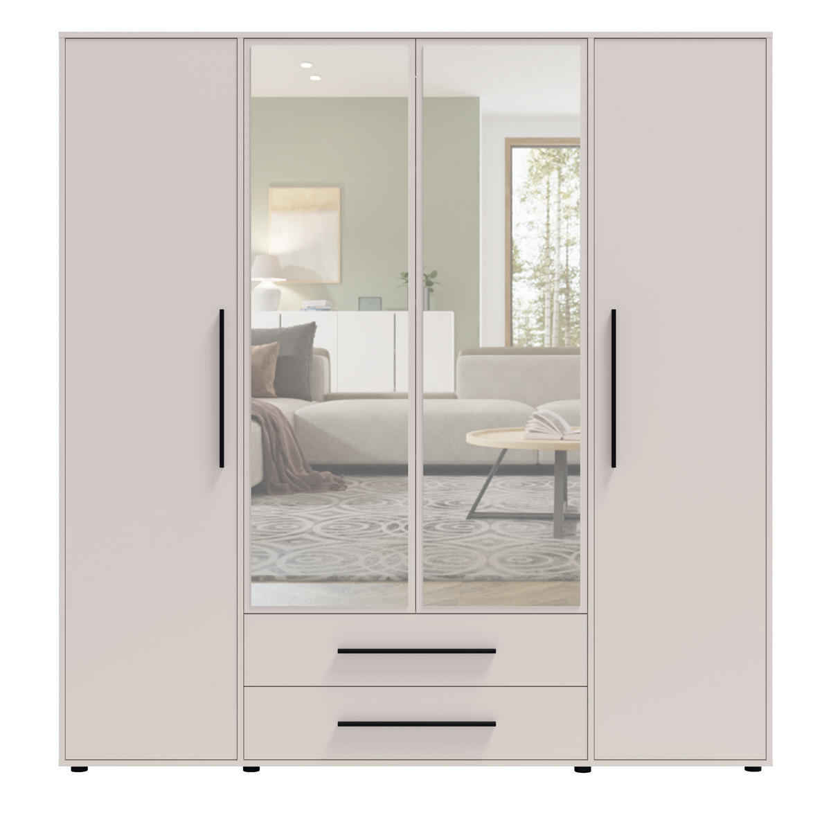 KLEIDERSCHRANK Modena in Kaschmirfarbe, mit Spiegel, mit Tür, mit Türen und Schubladen - Kaschmir/Schwarz, Holzwerkstoff/Kunststoff (200/206/59cm) - Ravio