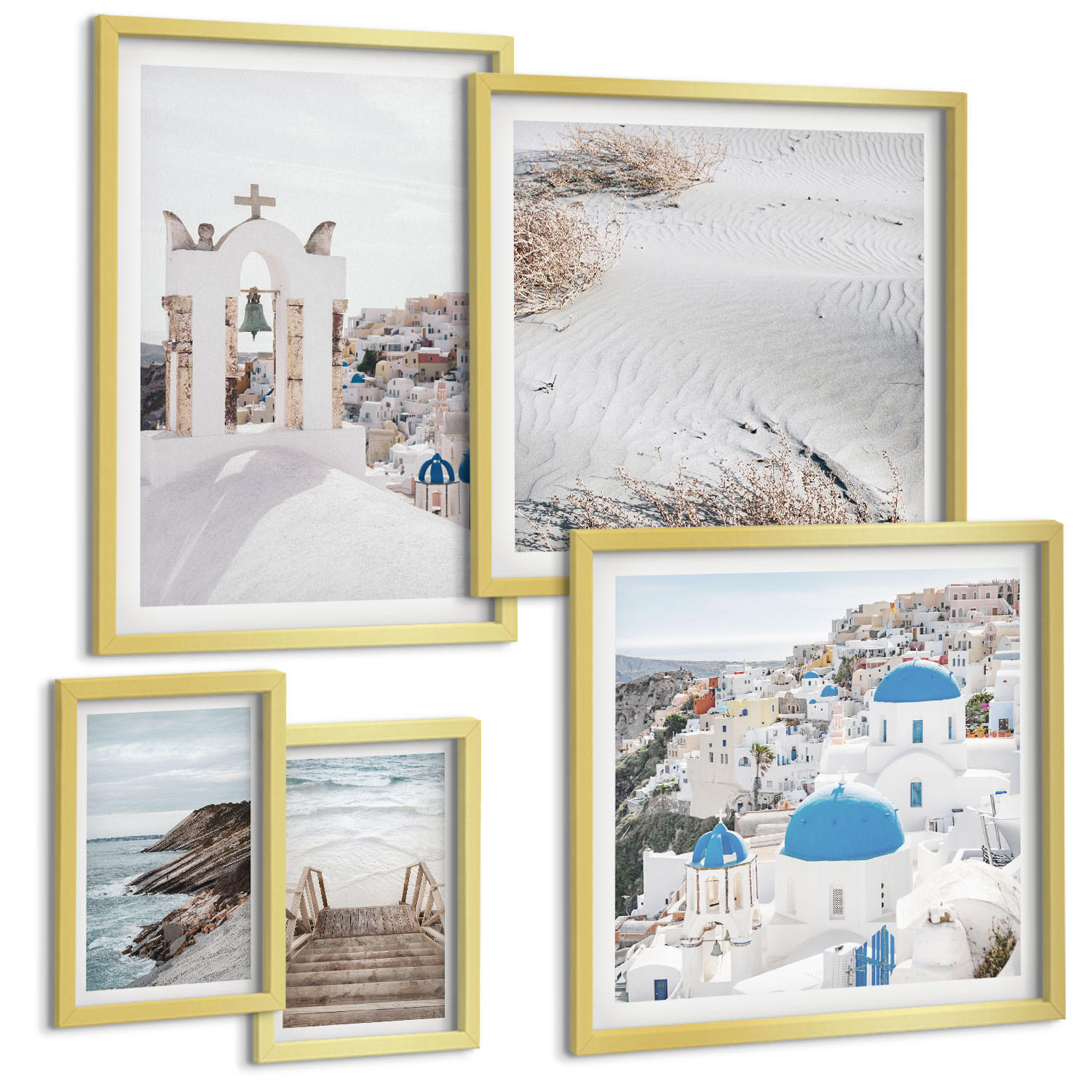 BILDER SET 5er Set - 50x50 cm & 20x30 cm & 40x60 cm Goldrahmen - Meeresarchitektur Santorin - Goldfarben, Kunststoff (40/60cm) - TULUP