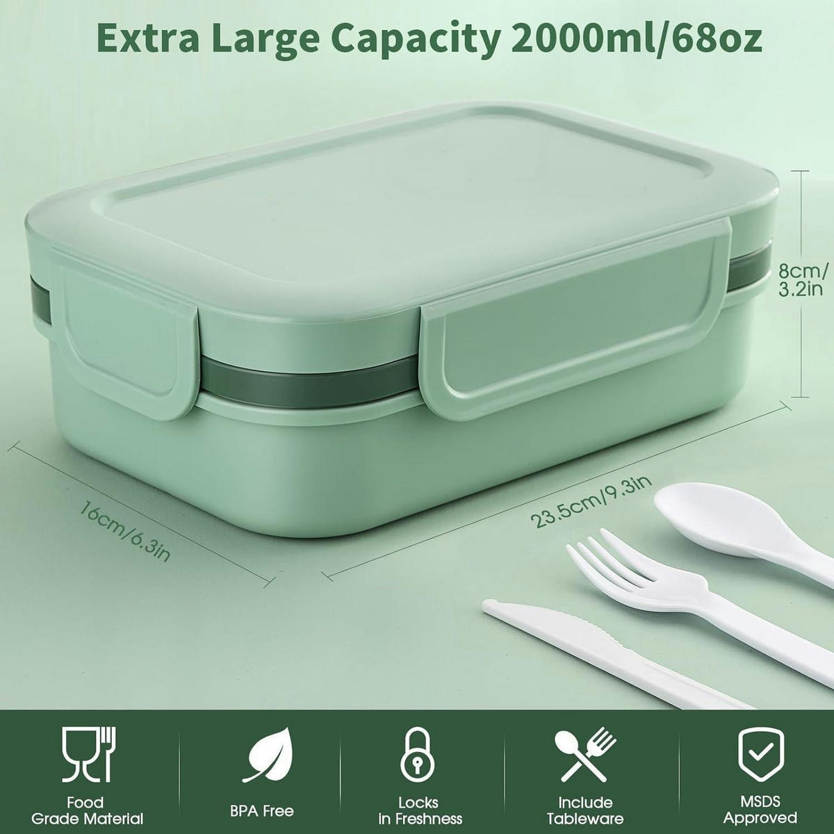 LUNCHBOX mit Fächern 2000ml Grün - Grün, Kunststoff (16/7.5/23.5cm)