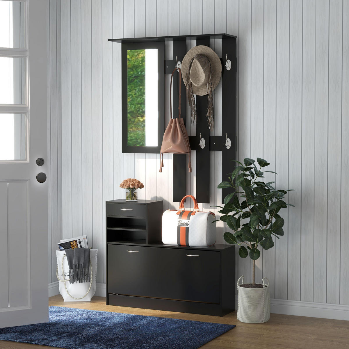 GARDEROBE DE-16743 3-in-1 mit Spiegel & Schuhbank Schwarz - Schwarz, Holzwerkstoff (10/91/90cm) - ComfortXL
