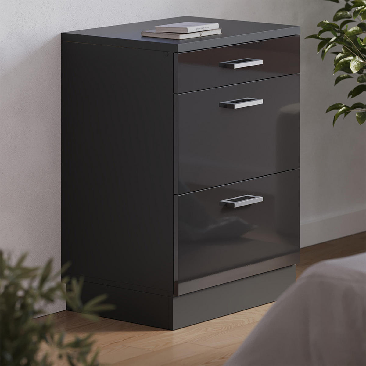 KUHINJSKA OMARA ZA POŠEVNE STREHE R-Line, Antracit z visokim sijajem, 60 cm brez naklona z 3 predaloma - črna/visok sijaj, leseni material (60/83.8/46cm) - Vicco