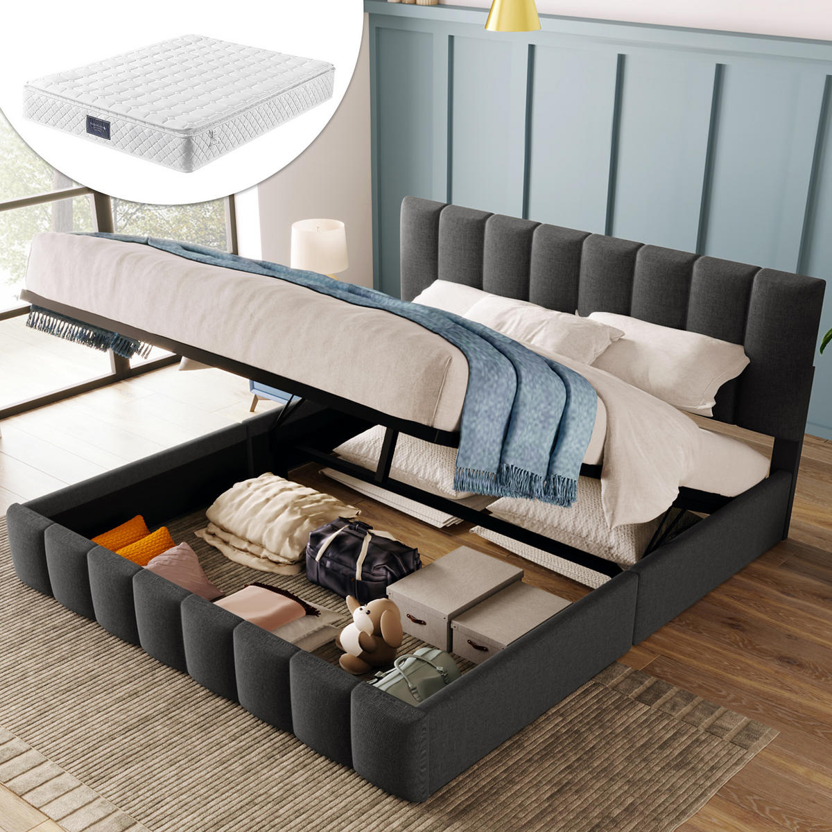 POLSTERBETT 140/200 cm Grau aus Leinen mit verstellbarem Kopfteil und Stauraum mit Matratze - Grau, Textil (140/200cm) - OKWISH