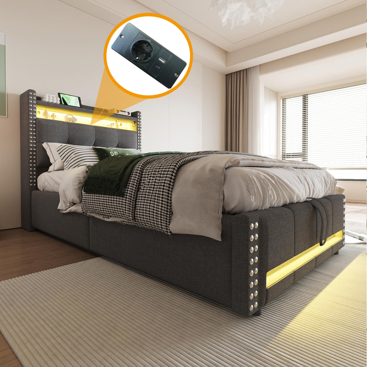 KINDERBETT 90x200 cm LED USB Stauraum grau - Grau, Textil (90/200cm) - LEBENLANG