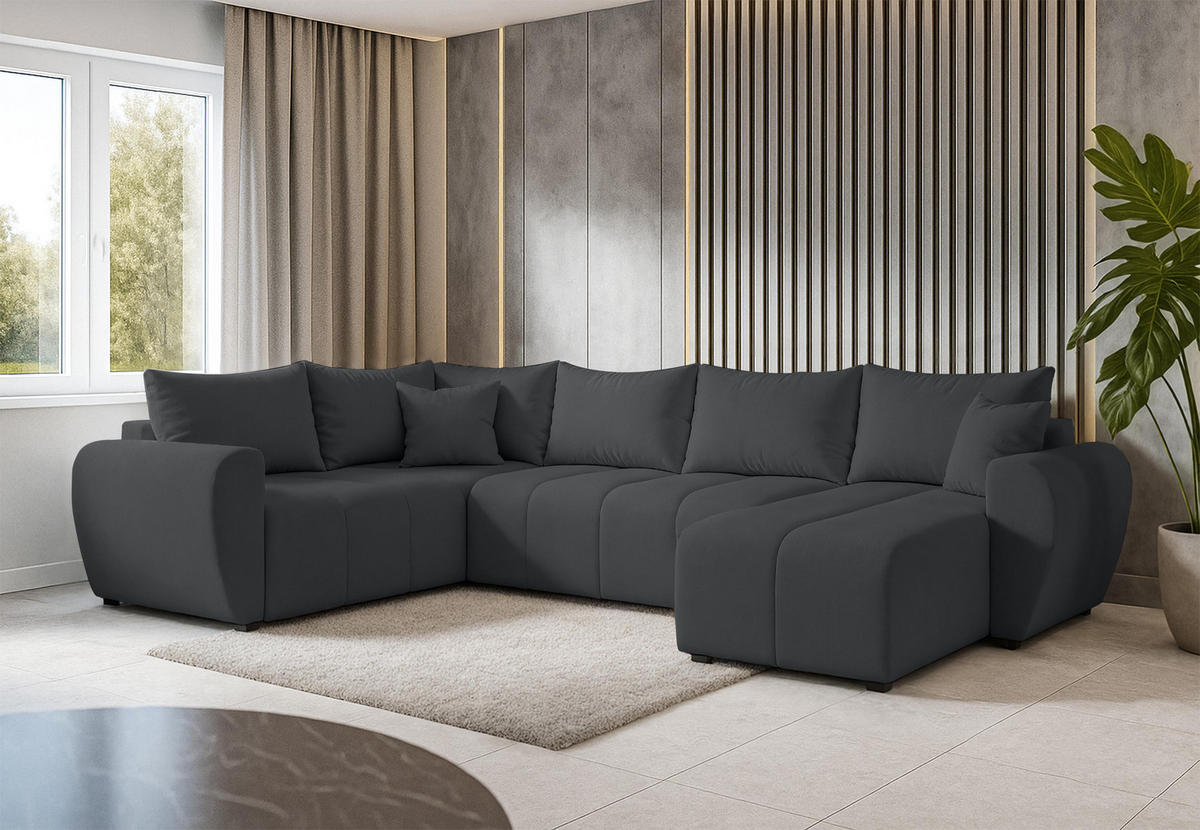 WOHNLANDSCHAFT Malatya U Form MAX Dunkelgrau 311/145/82 cm mit Schlaffunktion - Dunkelgrau/Schwarz, Kunststoff/Textil (303/82/208cm) - AX Living