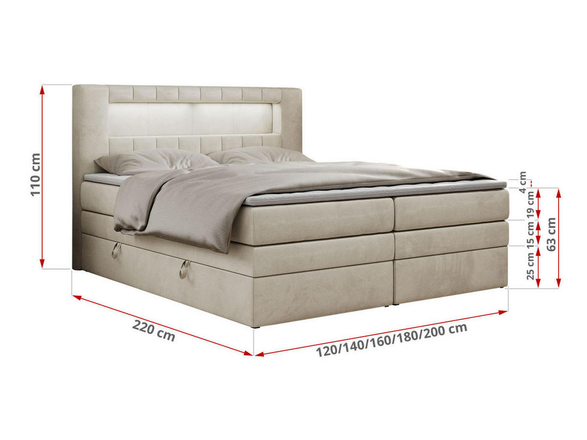 BOXSPRINGBETT GOLD-5 KING LED 200/200 Beige Velvet - H3 - Beige, Holz/Textil (200/200cm) - MKS