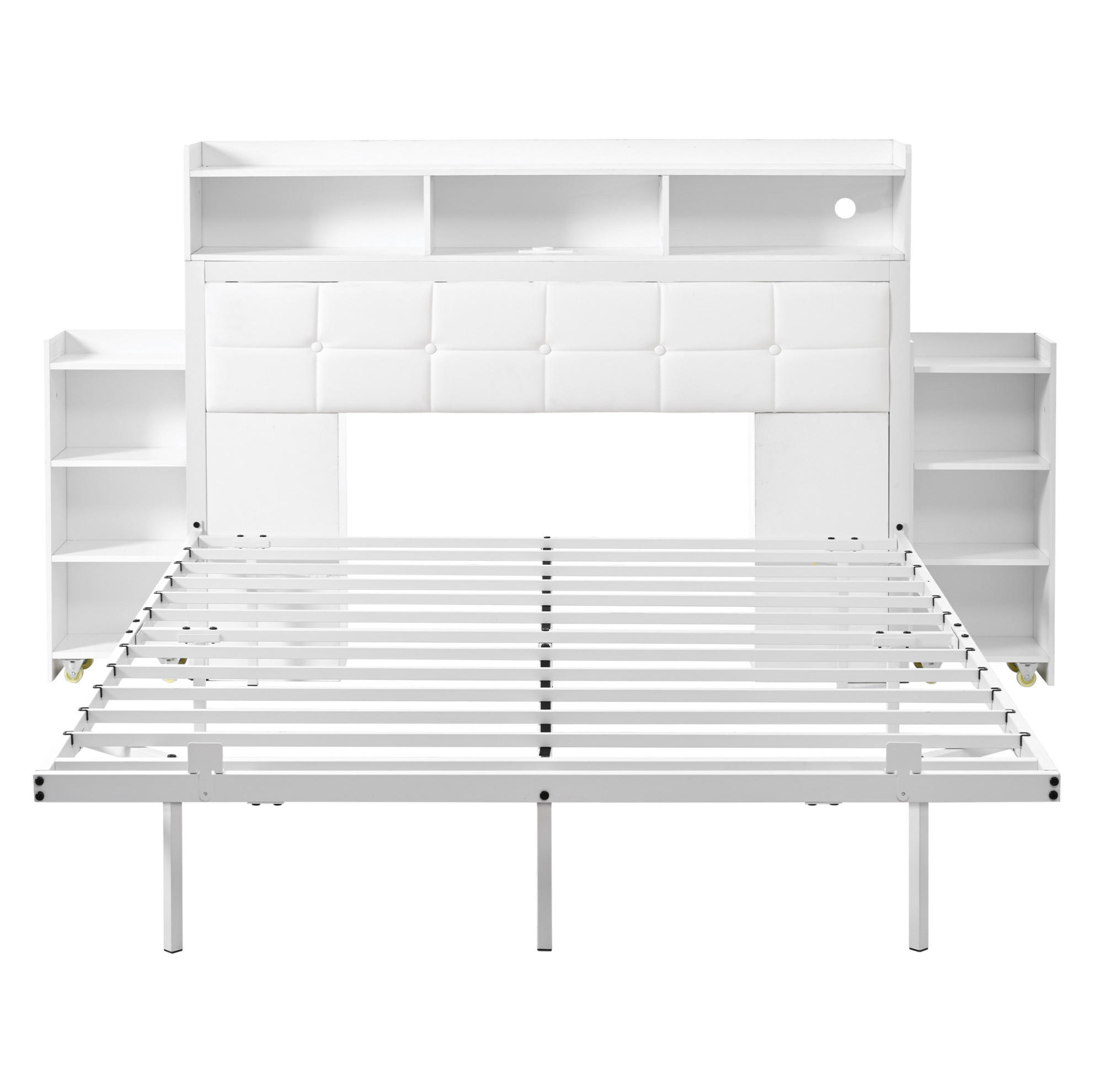 POLSTERBETT 140/190 cm mit LED, USB-/USB-C-Ladestation und 2 ausziehbaren Nachttischen, Weiß - Weiß, Metall (140/190cm) - Redom