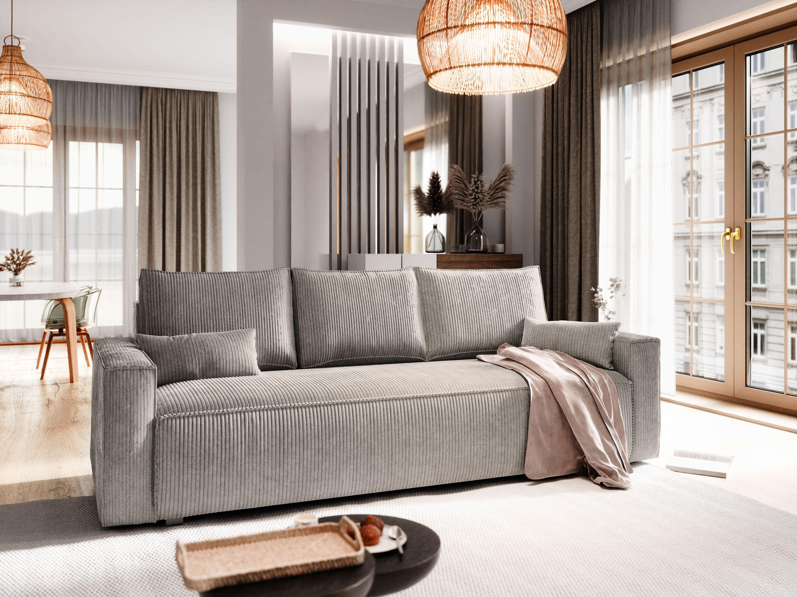 BETTSOFA MENI Beige Kordstoff mit Schlaffunktion - Beige, Textil (232/83/87cm) - MASSENO