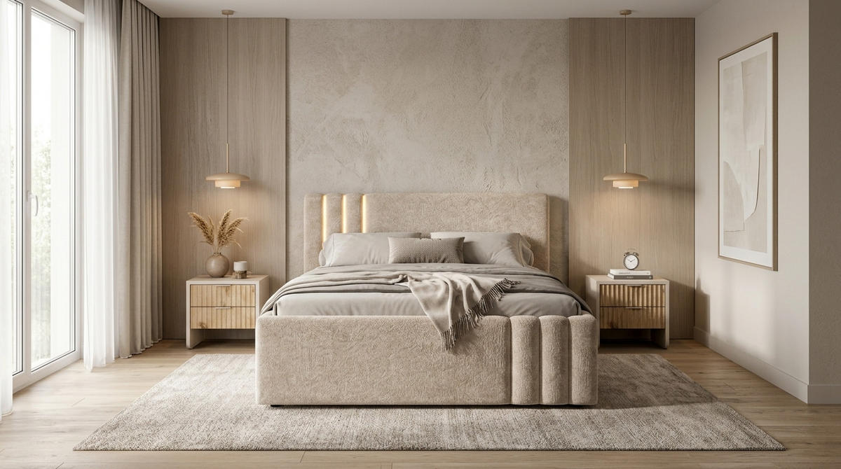 POLSTERBETT JOVENA – 160×200 cm - Mit Bettkasten / Mit Beleuchtung Kaschmir Beige - Kaschmir/Beige, Holzwerkstoff - Milaros Markt