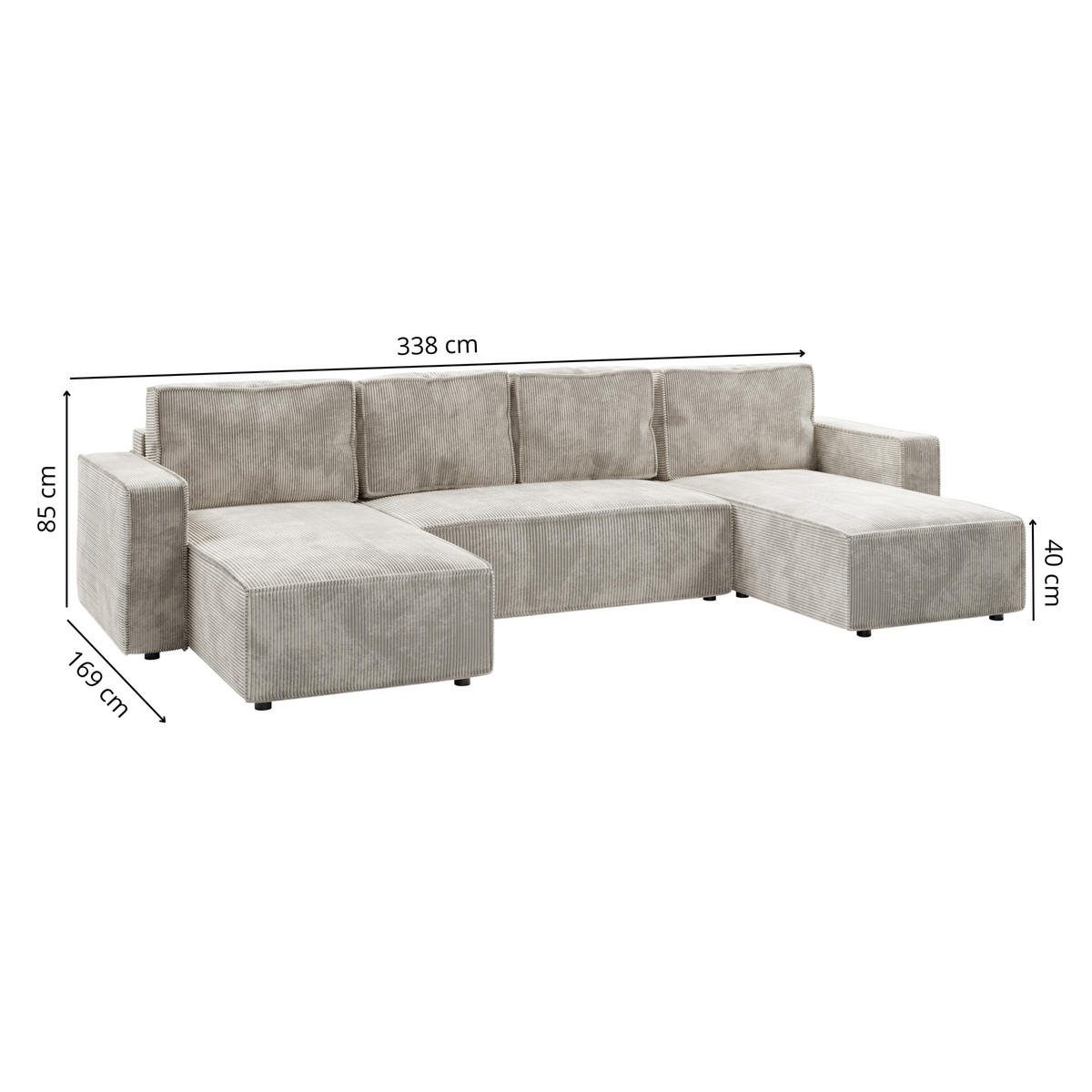 WOHNLANDSCHAFT BRIK XL 338x169 cm, Cremeweiß Cord Poso, Schlaffunktion & Bettkasten - Creme, Textil (338/85/169cm) - Excellent Home